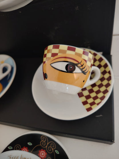 Set of 6 Vintage Eye Design Espresso Cups and Saucers