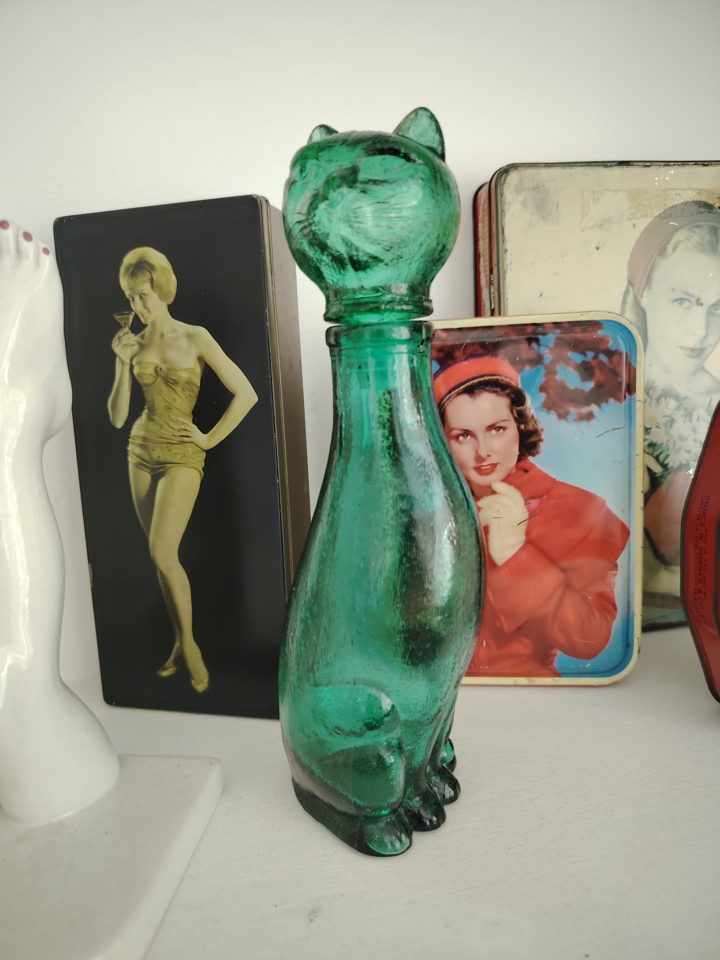 Mid Century Small Green Glass Cat Shaped Empoli Bottle