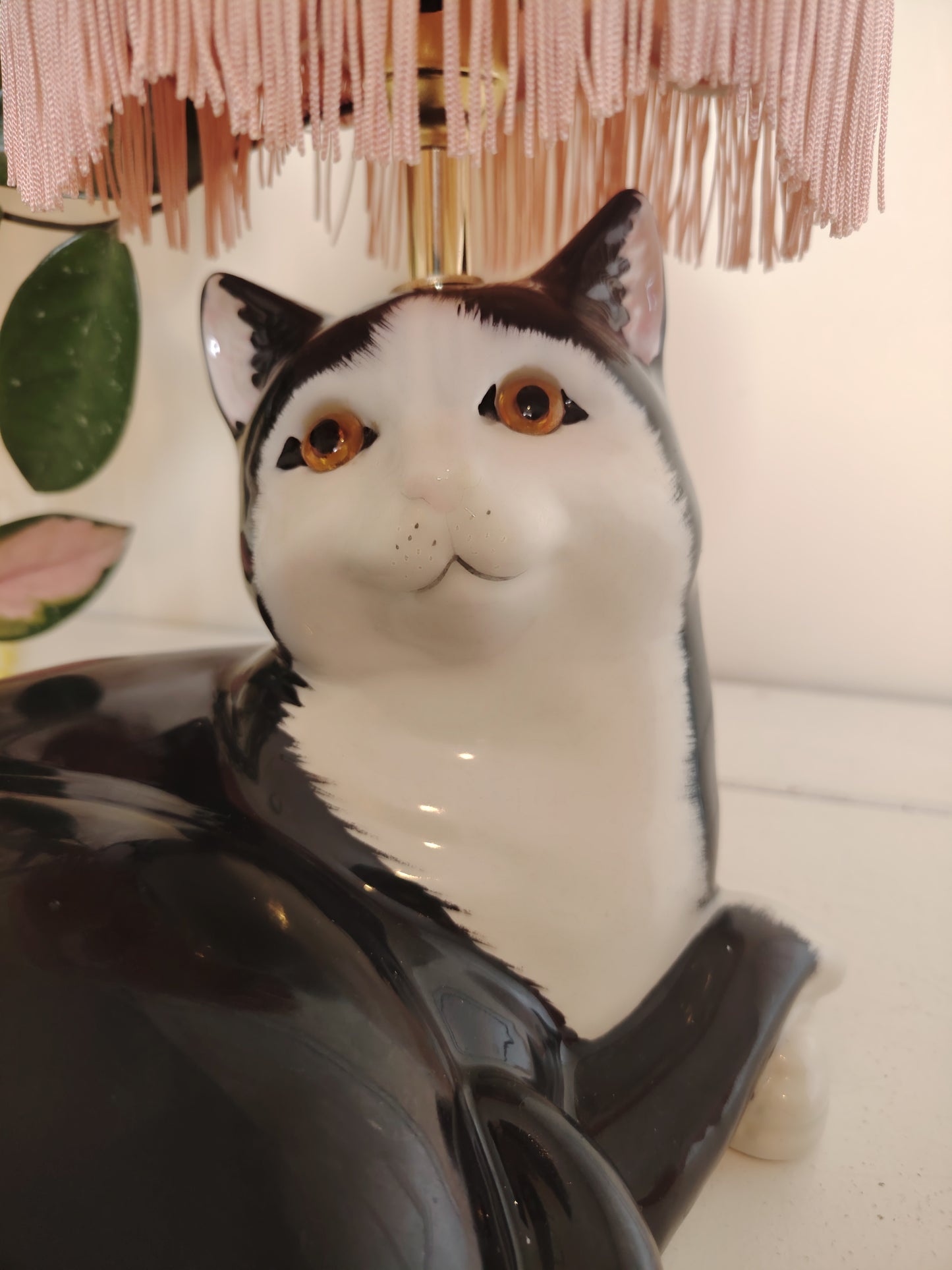 Large Vintage Upcycled Lying Down Tuxedo Cat Lamp