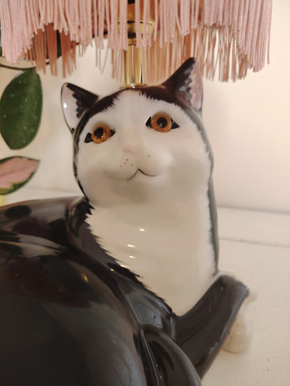 Large Vintage Upcycled Lying Down Tuxedo Cat Lamp