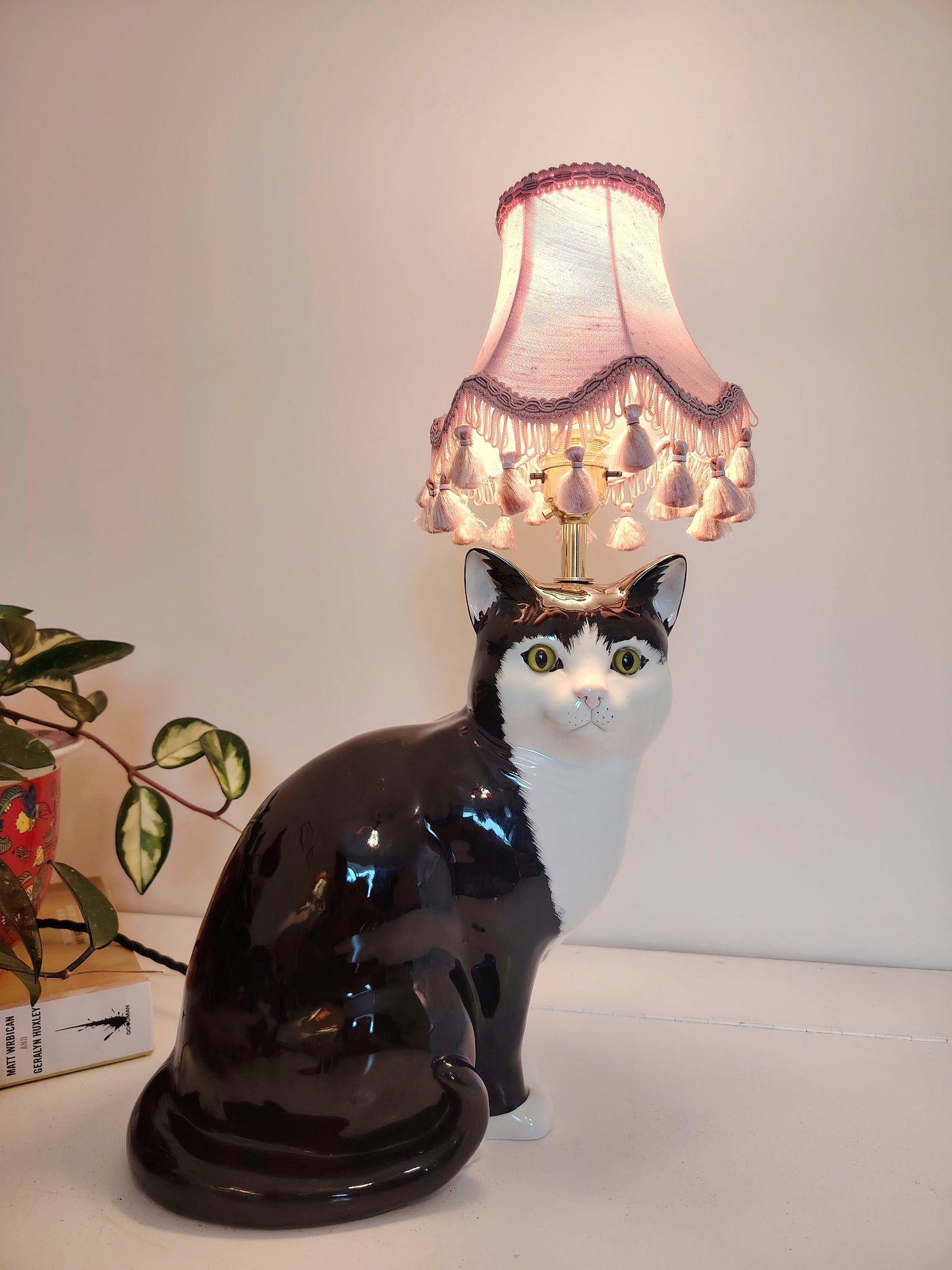 Large Vintage Reworked Tuxedo Cat Lamp