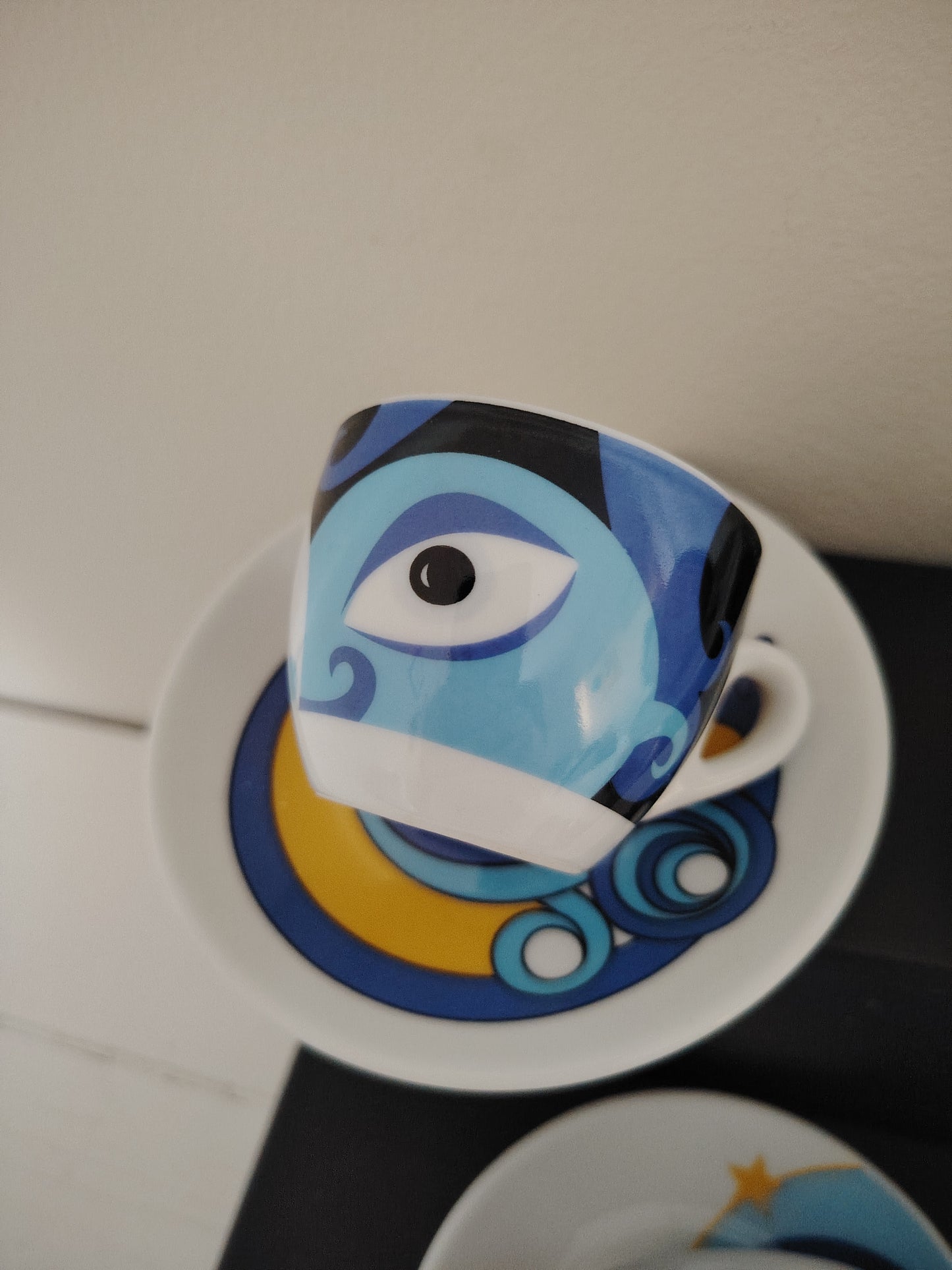 Set of 6 Vintage Eye Design Espresso Cups and Saucers