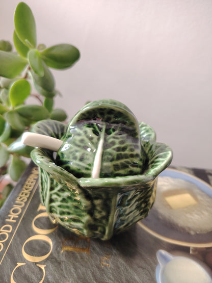 Small Size Vintage Portuguese Cabbage Ware Leaf Condiment Pot with Spoon