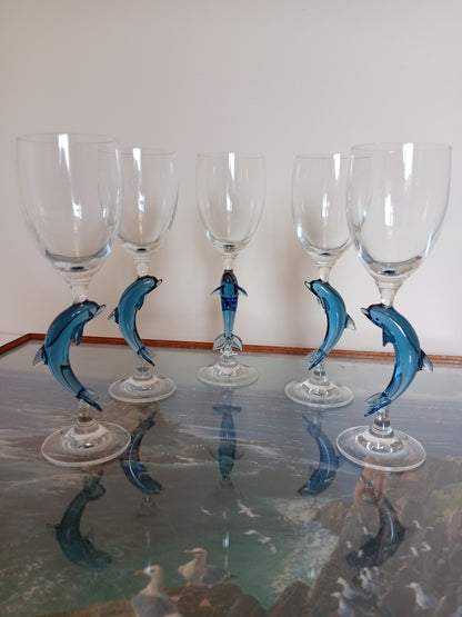 Set of 5 vintage wine glasses with dolphin stems