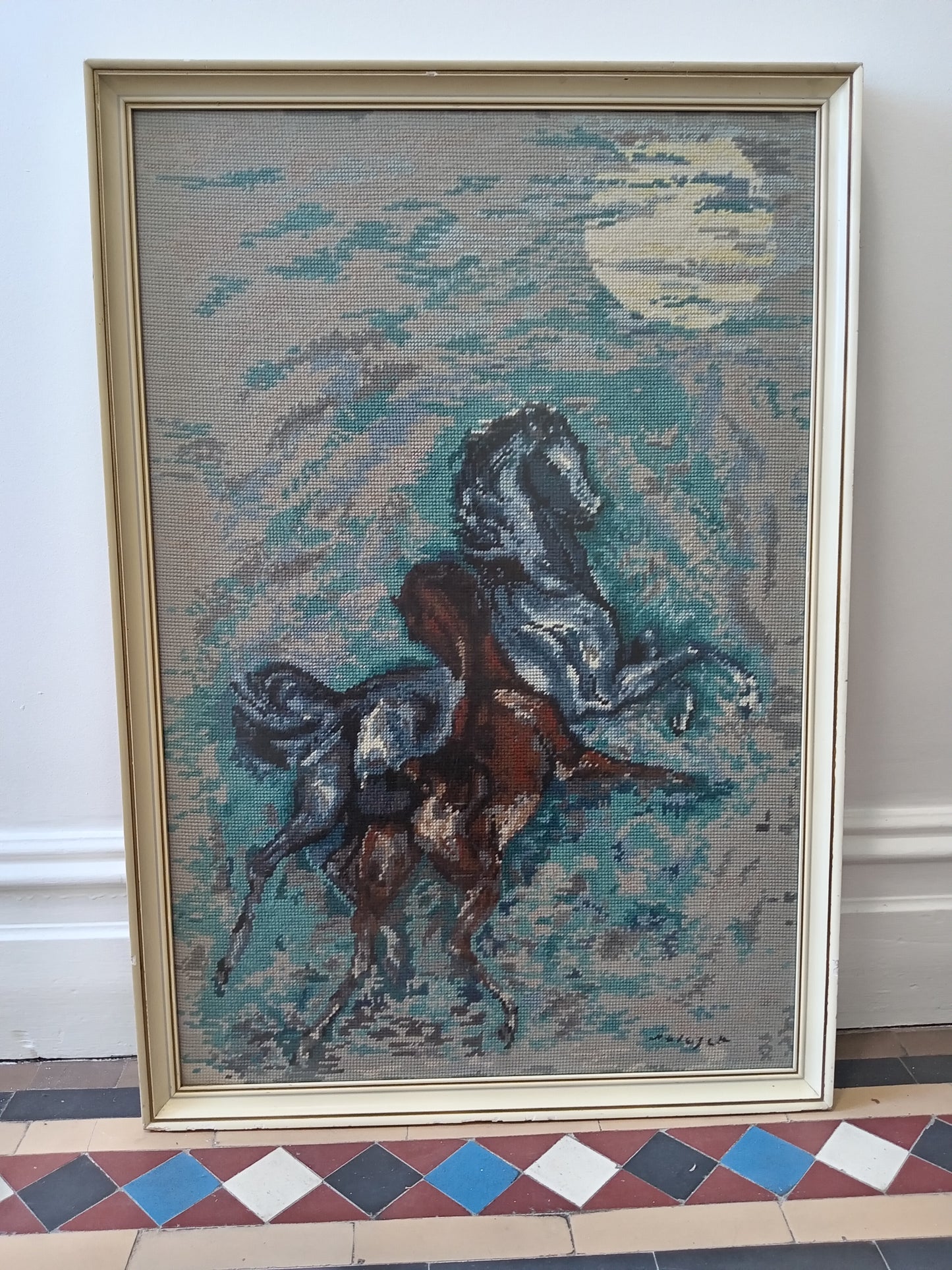 Large 1960's Framed Horses Cross Stitch