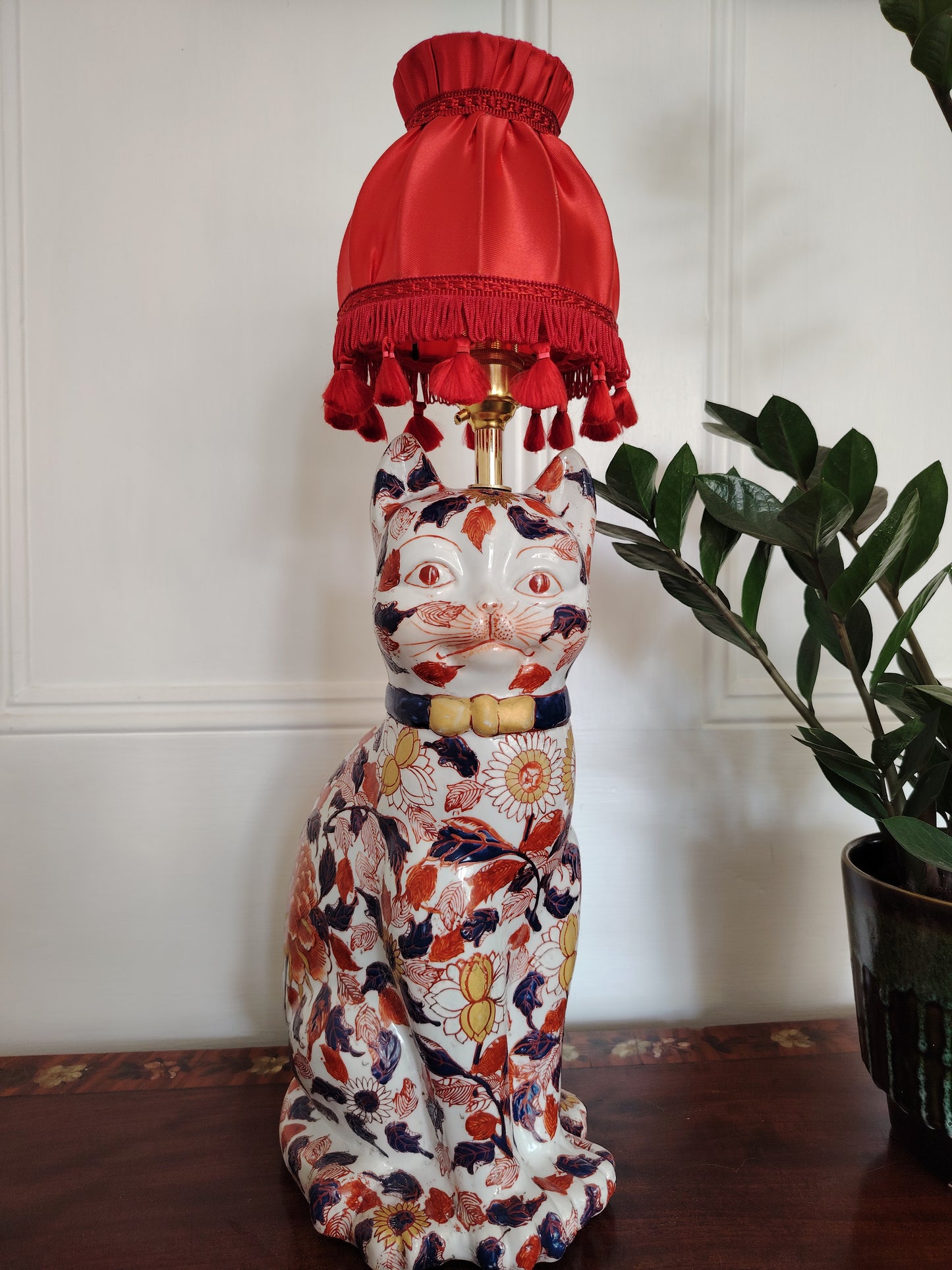 Reworked Antique Floral Imari Cat Lamp