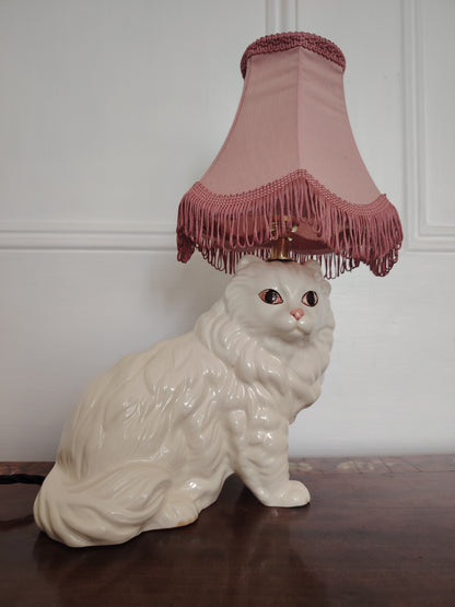 Vintage Reworked White Fluffy Ceramic Cat Lamp