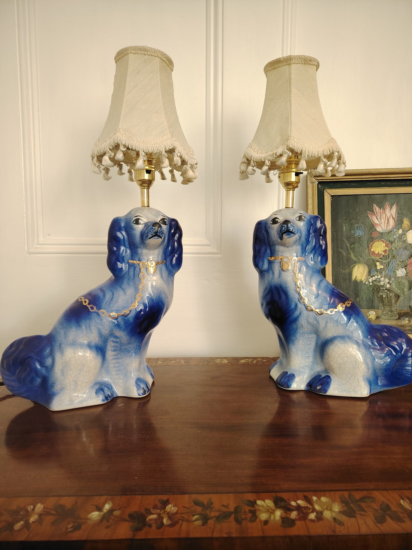 Large Pair of Reworked Staffordshire Style Blue and Gold Pot Dog Lamps