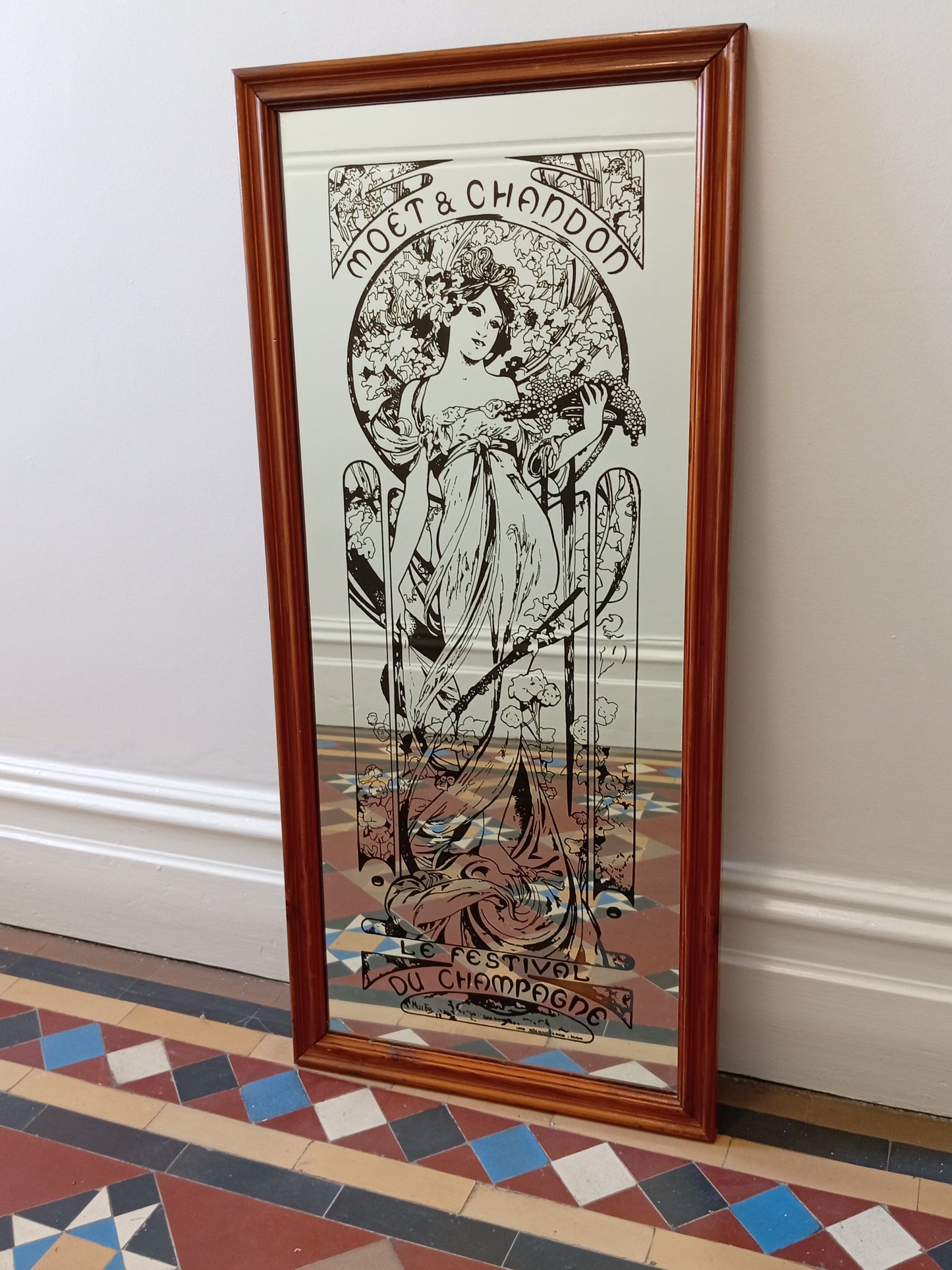 Vintage Mucha mirror...Large Moët & Chandon Le Festival Du Champagne mirror...Art Nouveau mirror...Alphonse Mucha.