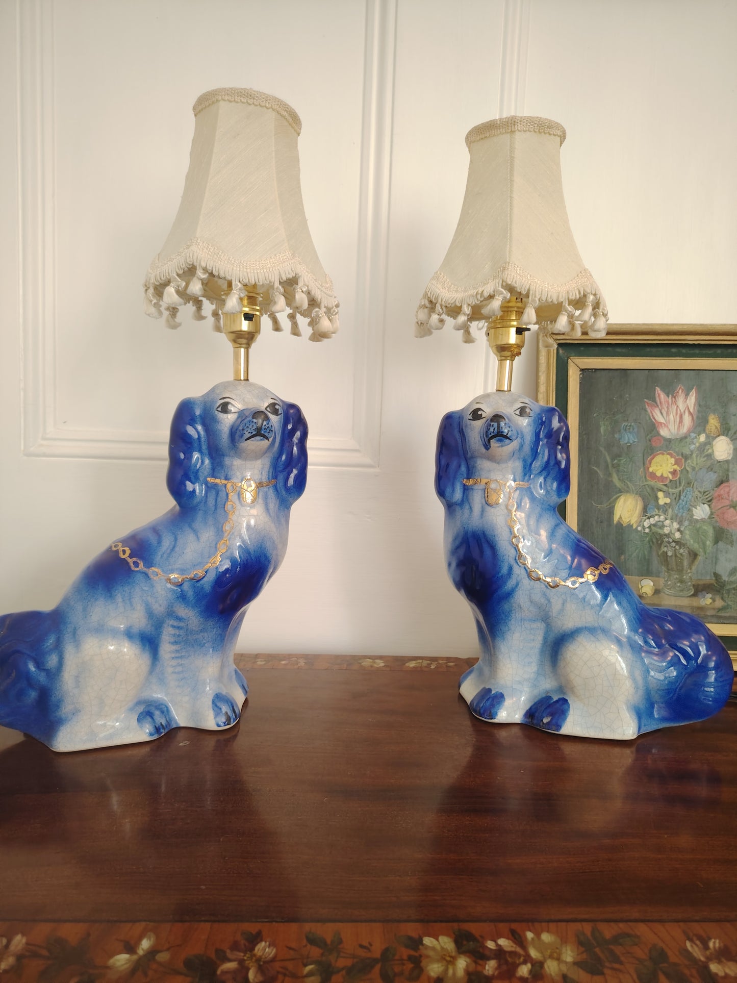 Large Pair of Reworked Staffordshire Style Blue and Gold Pot Dog Lamps
