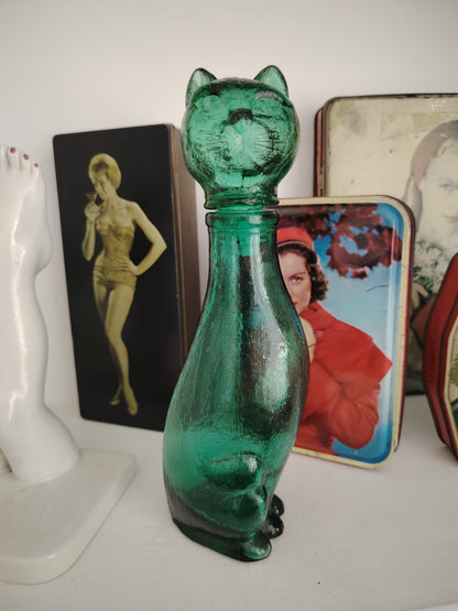 Mid Century Small Green Glass Cat Shaped Empoli Bottle