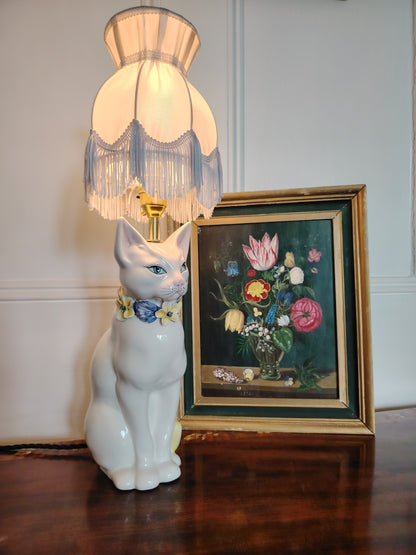Beautiful Reworked Italian Cat Lamp with Floral Details