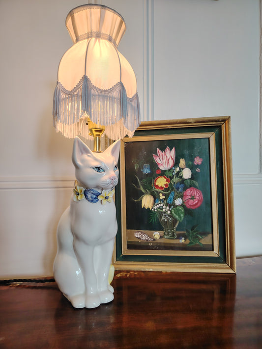 Beautiful Reworked Italian Cat Lamp with Floral Details