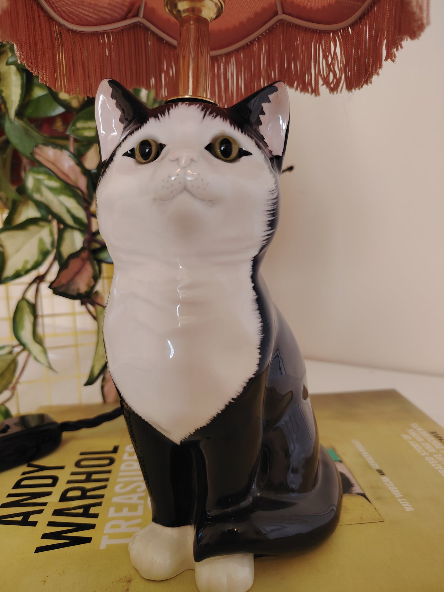 Vintage Upcycled Small Black and White Cat Lamp