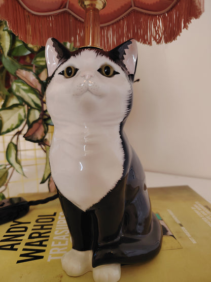 Vintage Upcycled Small Black and White Cat Lamp