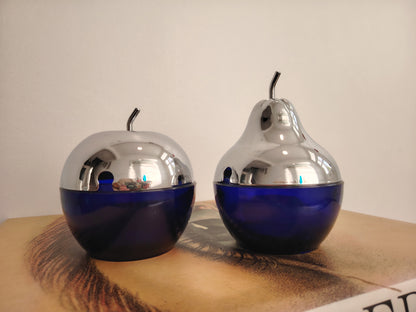 Pair of 70's cobalt blue glass and silver Apple and Pear pots