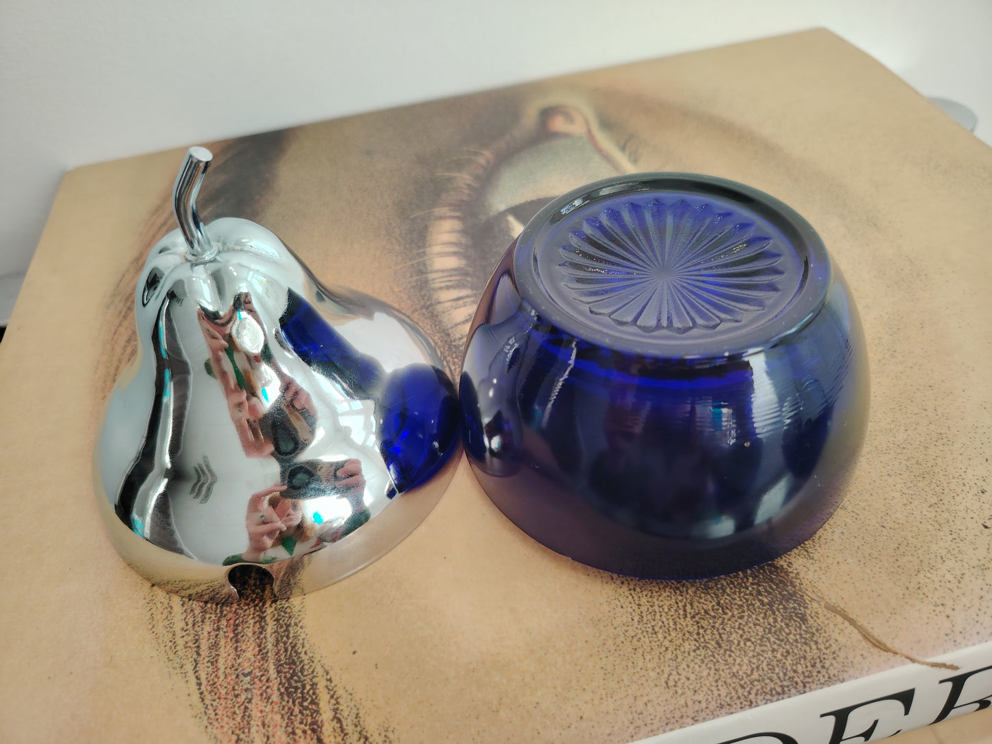 Pair of 70's cobalt blue glass and silver Apple and Pear pots