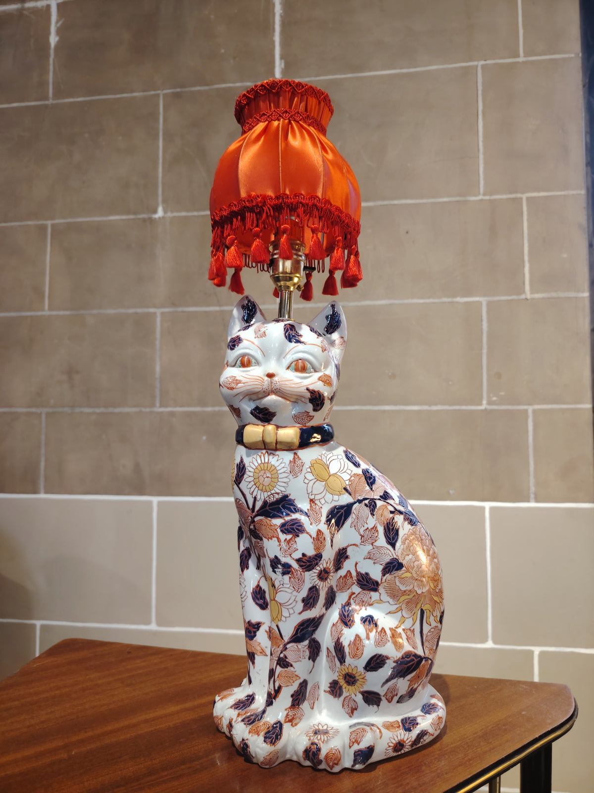 Reworked Antique Floral Imari Cat Lamp