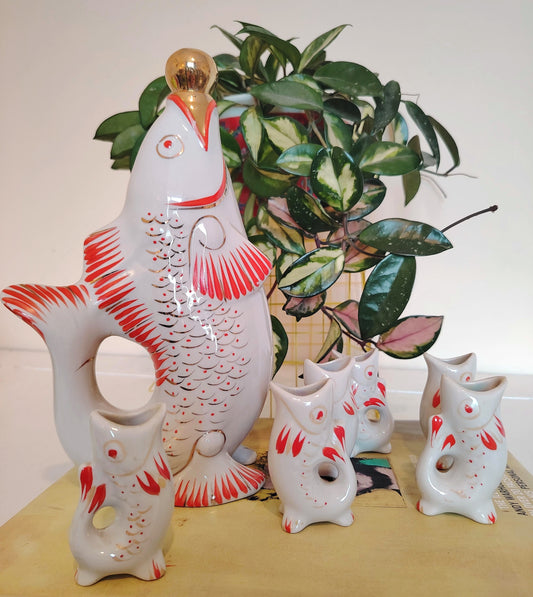 Amazing Vintage Porcelain Fish Decanter Set with 6 Small Fish Glasses