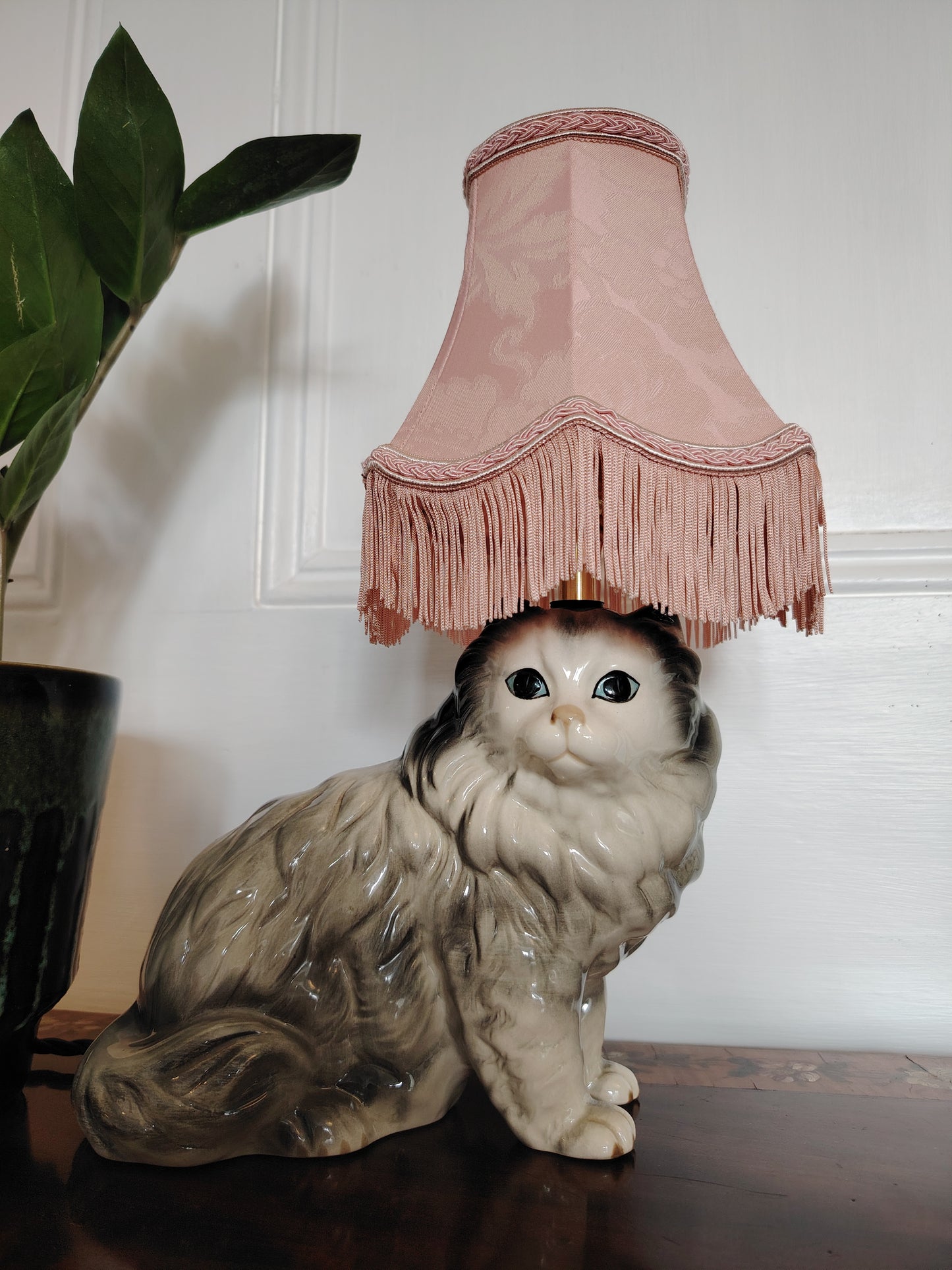 Vintage Upcycled Grey Cat Lamp
