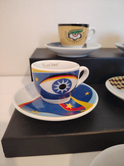 Set of 6 Vintage Eye Design Espresso Cups and Saucers