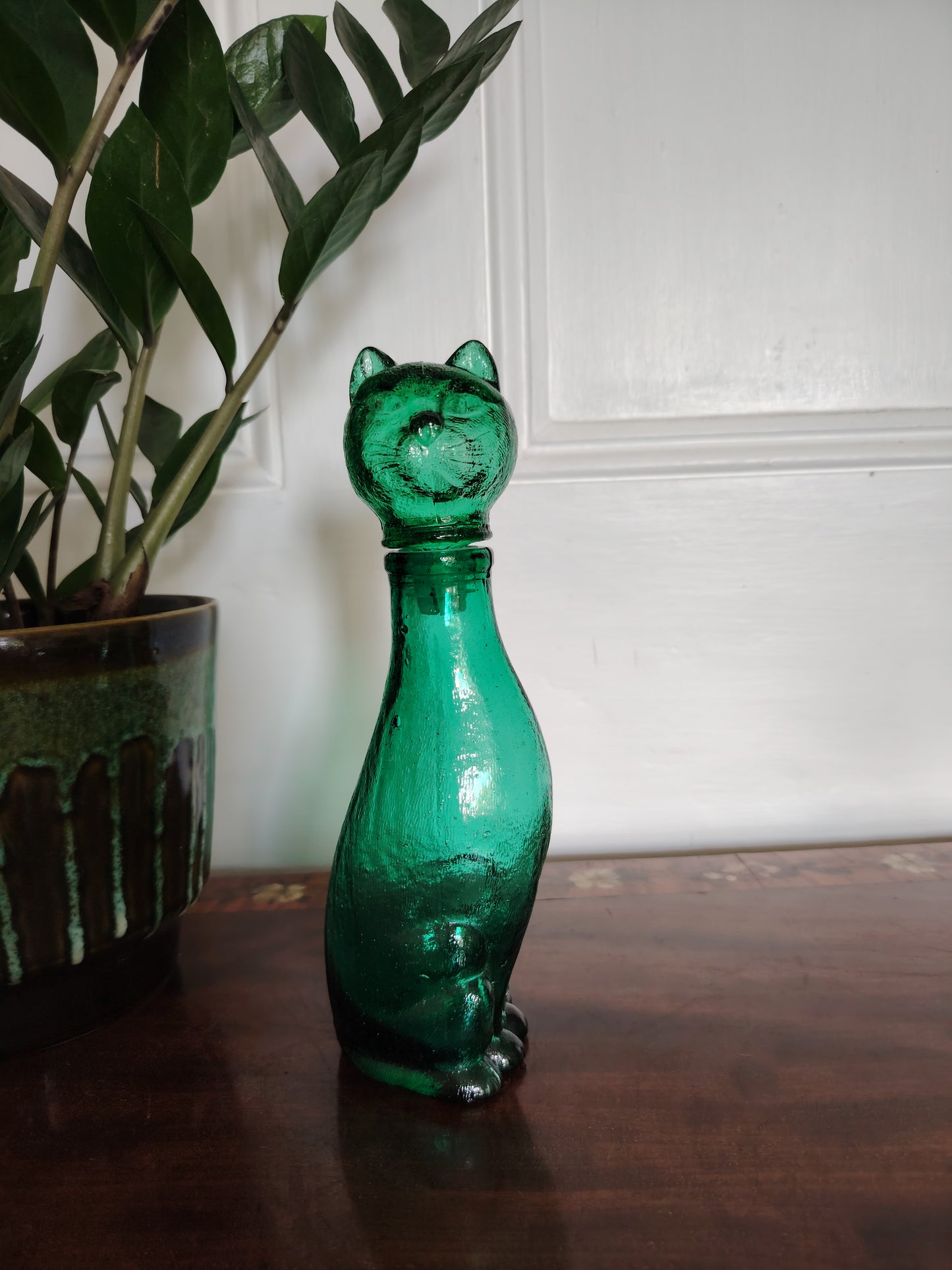 Mid Century Small Green Glass Cat Shaped Empoli Bottle