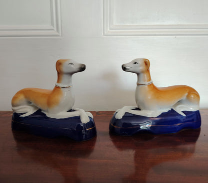 Pair of Antique Staffordshire Style Lurchers on Cushions