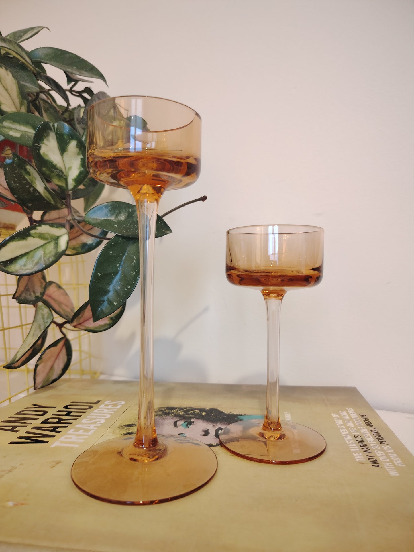 Pair of Vintage Amber Glass Wedgwood Brancaster Candle Holders