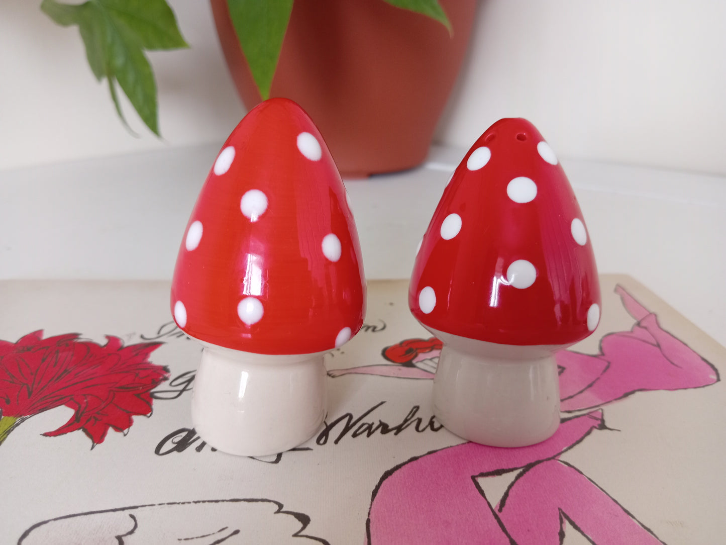 Pair of ceramic toadstool salt and pepper shakers