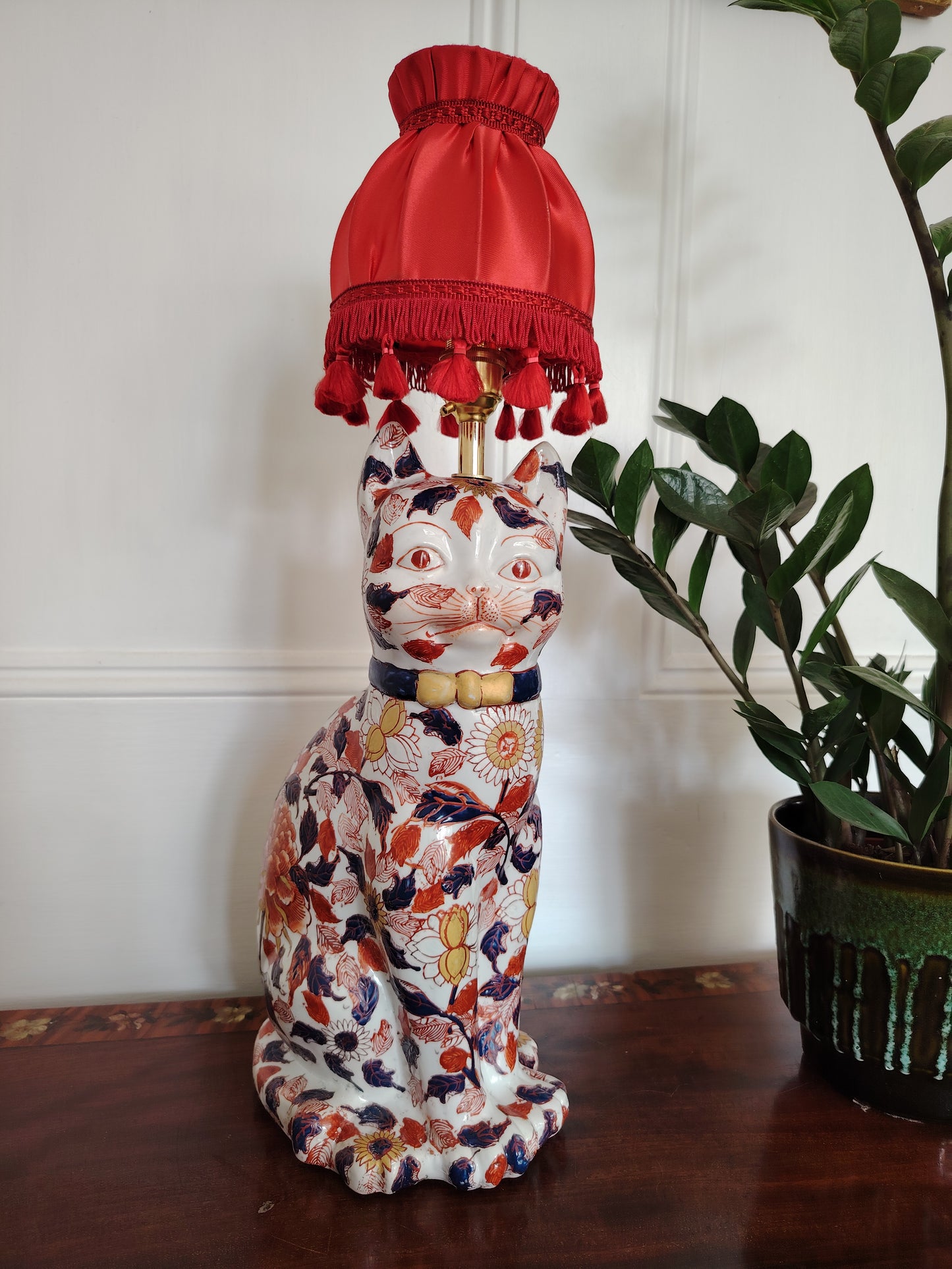 Reworked Antique Floral Imari Cat Lamp
