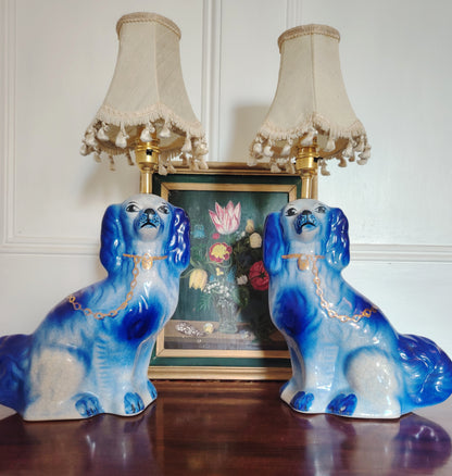 Large Pair of Reworked Staffordshire Style Blue and Gold Pot Dog Lamps