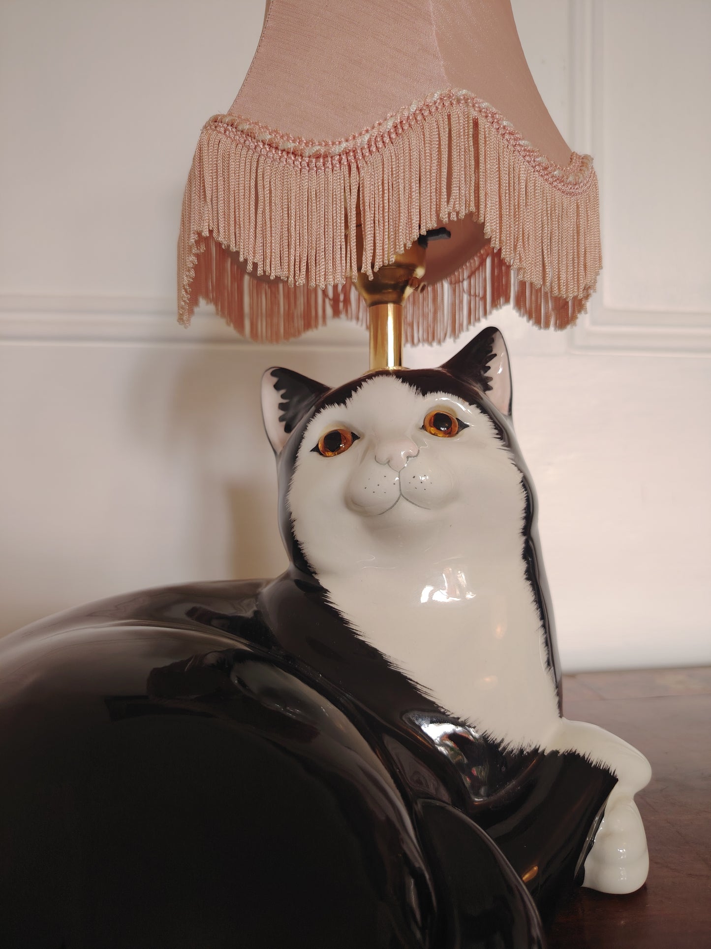 Large Vintage Reworked Lying Down Tuxedo Cat Lamp