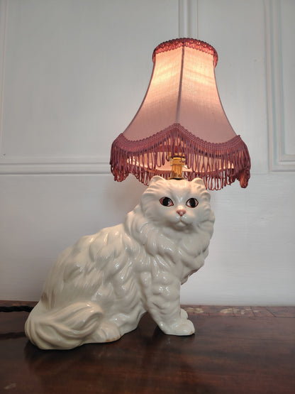 Vintage Reworked White Fluffy Ceramic Cat Lamp