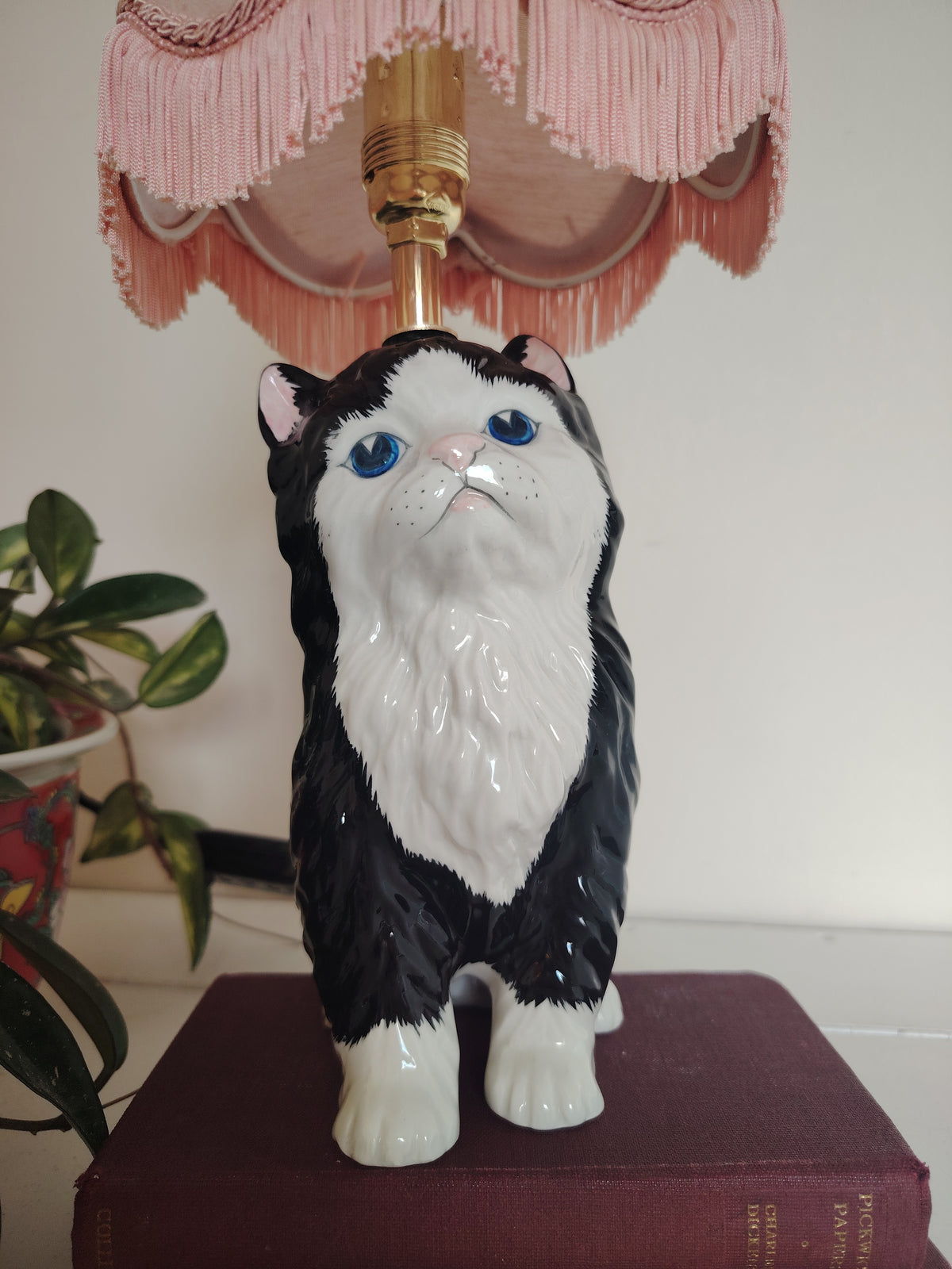 Vintage Reworked Small Fluffy Tuxedo Cat Lamp