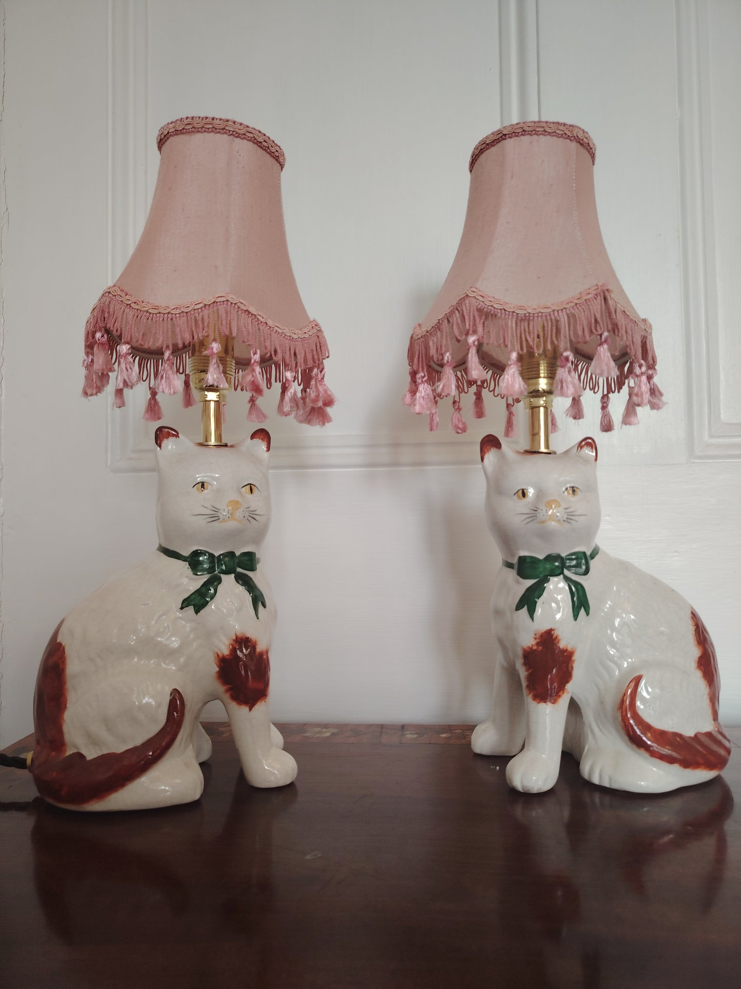 Vintage Pair of Reworked Staffordshire Style Cat Lamps With Pink Shades