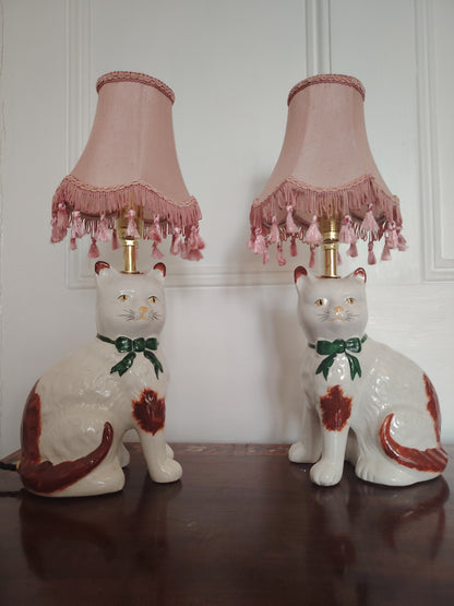 Vintage Pair of Reworked Staffordshire Style Cat Lamps With Pink Shades