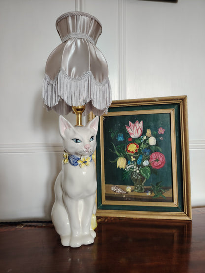 Beautiful Reworked Italian Cat Lamp with Floral Details