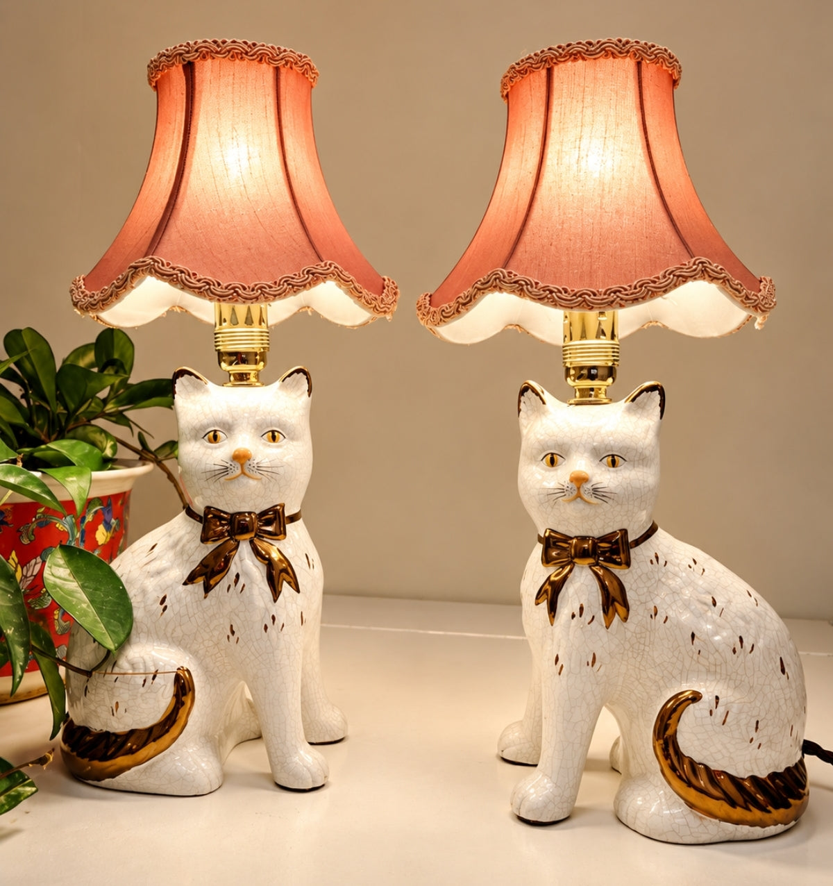 Vintage Pair of Reworked Staffordshire Style Cat Lamps With Pink Shades