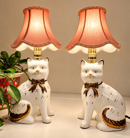 Vintage Pair of Reworked Staffordshire Style Cat Lamps With Pink Shades