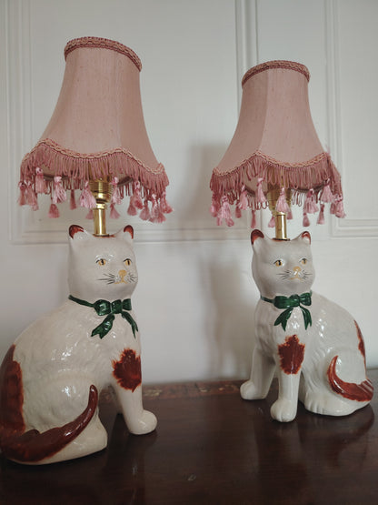 Vintage Pair of Reworked Staffordshire Style Cat Lamps With Pink Shades