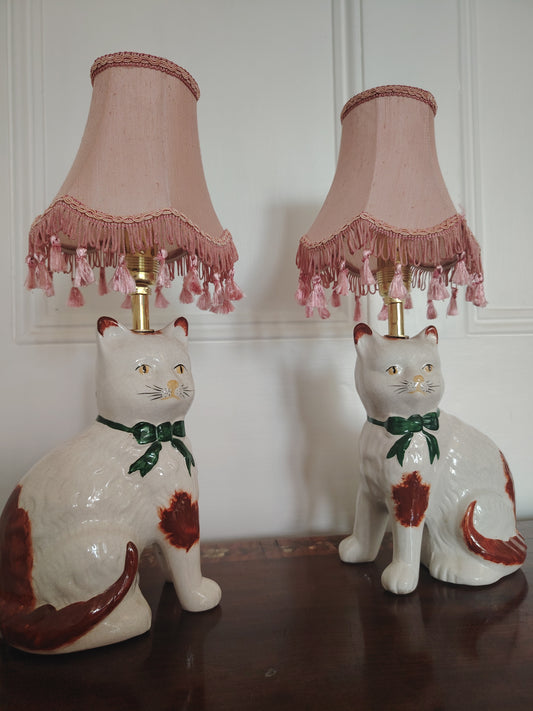 Vintage Pair of Reworked Staffordshire Style Cat Lamps With Pink Shades