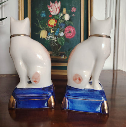 Large Pair of Staffordshire Style Porcelain Cats on a Pillow/ Mantle Decor
