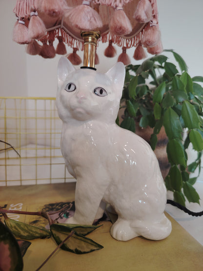 Vintage Reworked White Short Haired Kitten Lamp