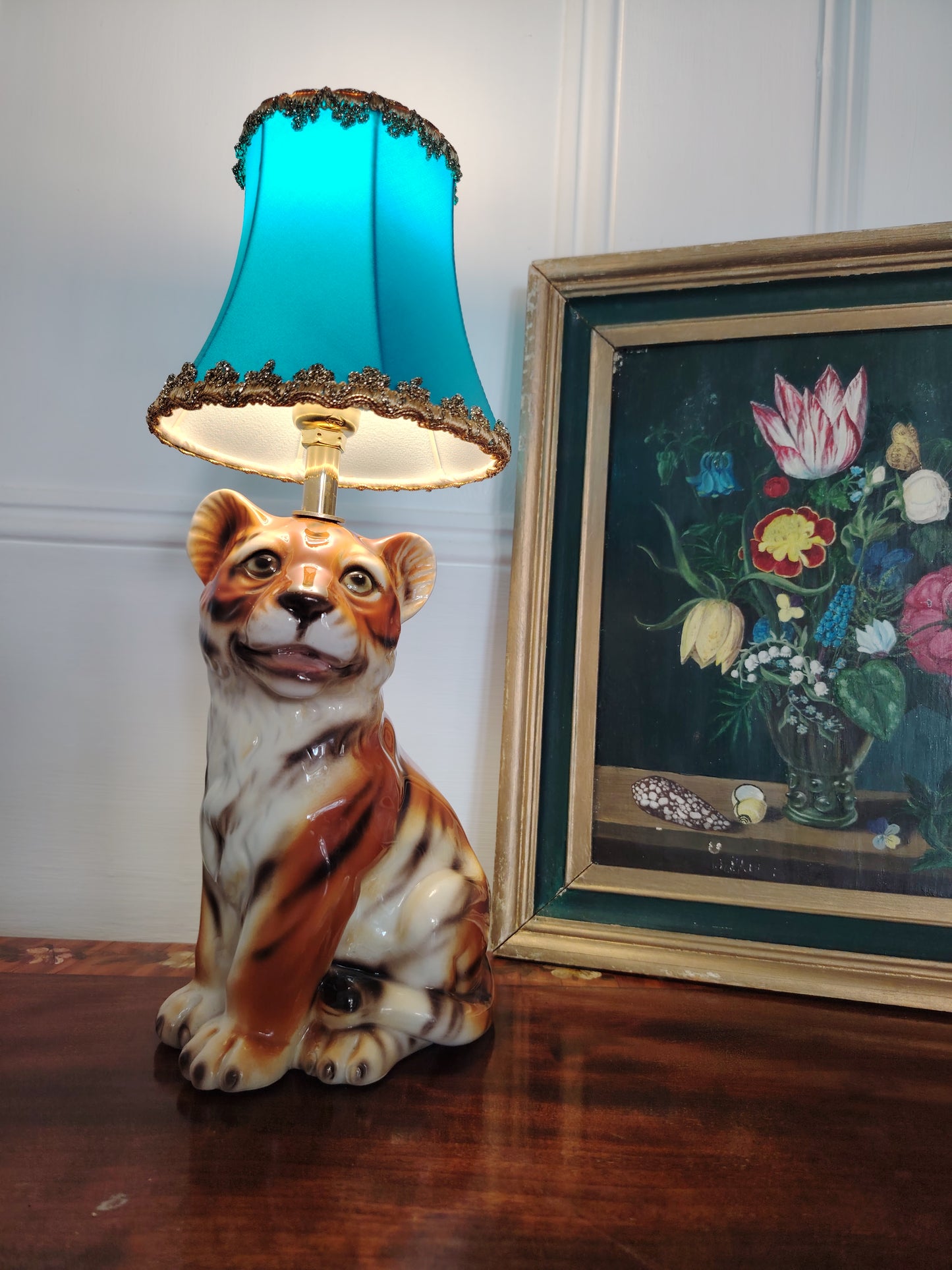 Reworked Mid-Century Small Tiger Cub Lamp Turquoise Shade