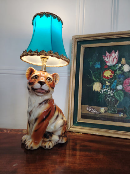 Reworked Mid-Century Small Tiger Cub Lamp Turquoise Shade