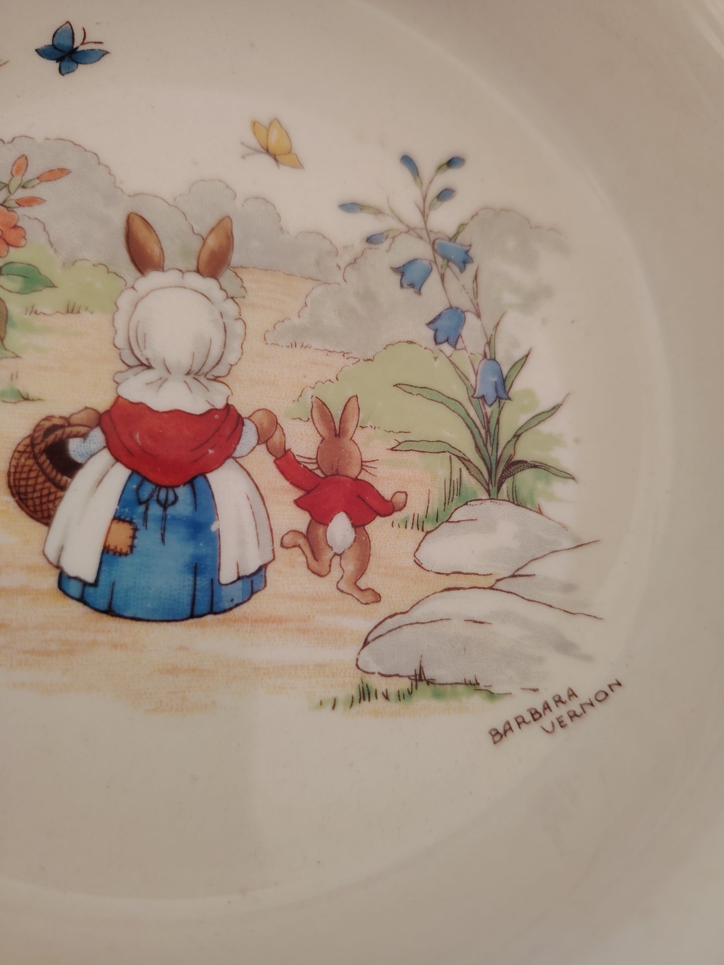 Royal Doulton Bunnykins baby bowl, vintage “Going Shopping”, signed Barbara Vernon