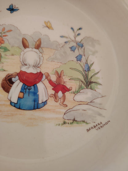 Royal Doulton Bunnykins baby bowl, vintage “Going Shopping”, signed Barbara Vernon