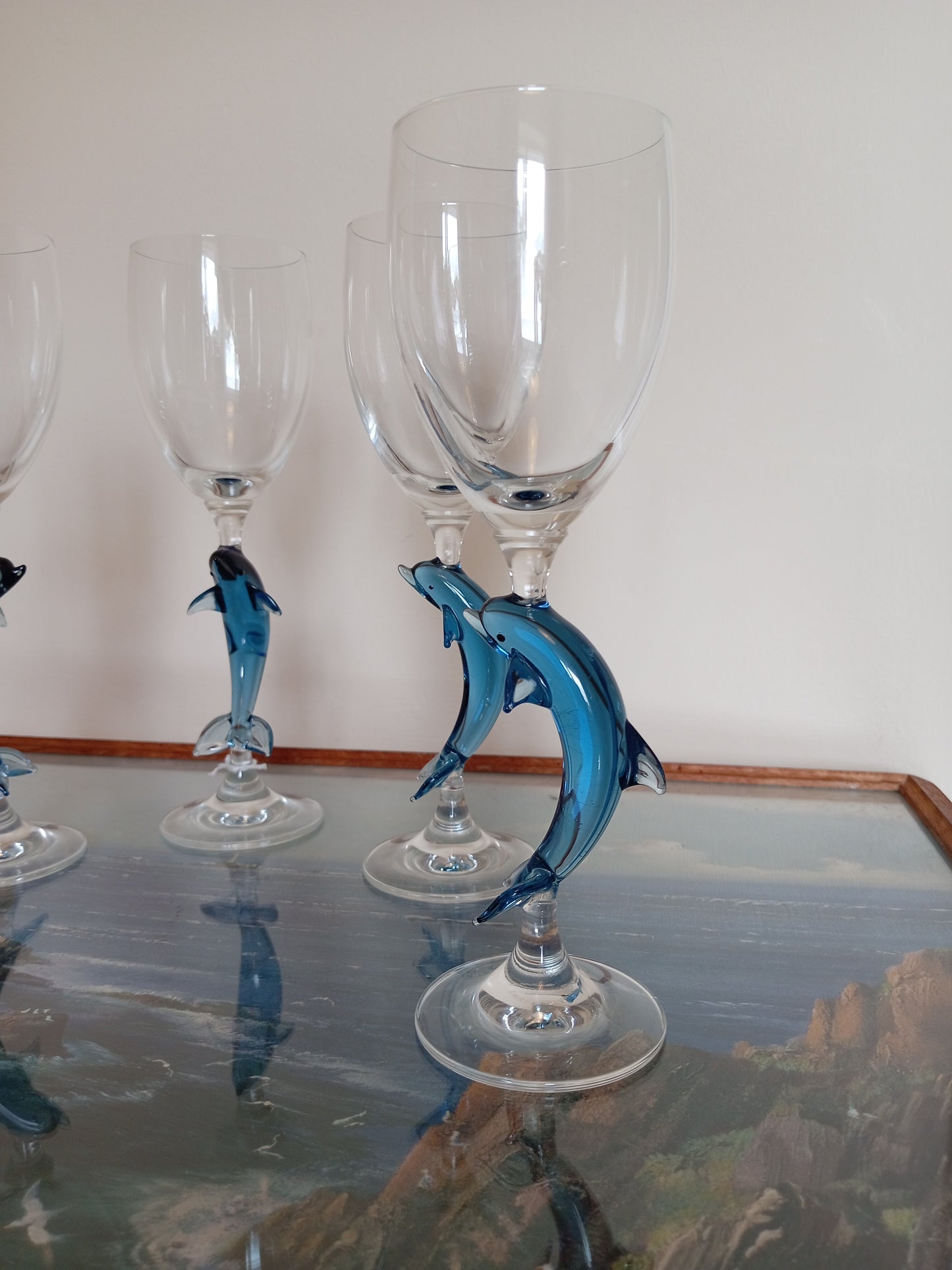 Set of 5 vintage wine glasses with dolphin stems