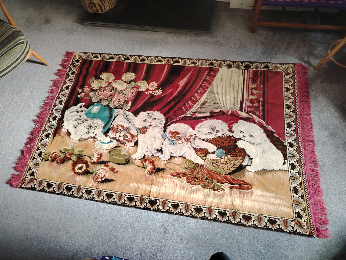 Large Vintage Velvet Kittens Rug/ Tapestry