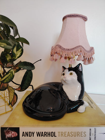 Large Vintage Upcycled Lying Down Tuxedo Cat Lamp